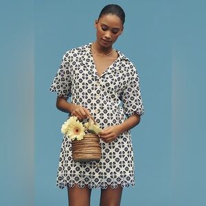 Anthropologie Maeve Short-Sleeve Geo Lace Mini Shirt Dress Size MP